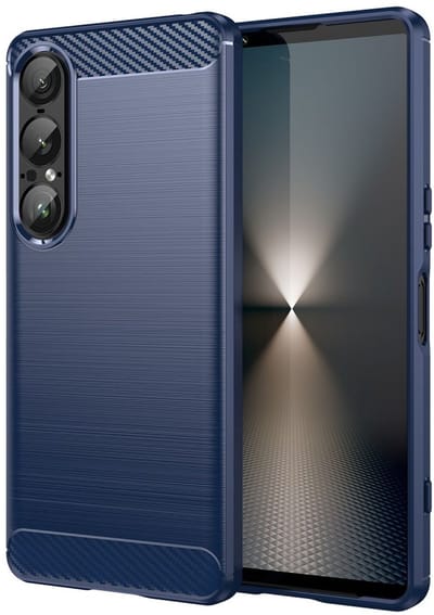 Geborsteld TPU Hoesje Geschikt voor Sony Xperia 1 VII | Beschermhoes | Back Cover | Flexibel TPU | Stijlvol Carbon | Dun | Blauw