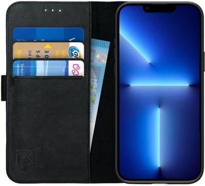 Rosso Deluxe Echt Leer Book Case Hoesje Geschikt voor Apple iPhone 13 Pro | Ruimte voor drie pasjes | Portemonnee Book Case | Met Pasjeshouder | Zwart