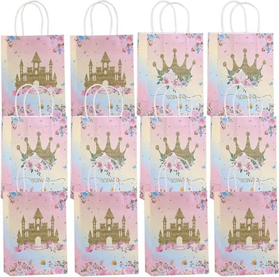 12 Stuks Verjaardagscadeauzakken voor Kinderen, Prinses Thema, Feestelijke Goodiebags voor Kinderfeestjes