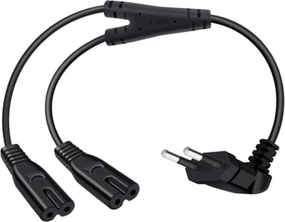 Dual C7 Voedingskabel 2.5A 250V met 90 Graden Euro Plug voor PS4, PS5, TV, Laptop en Monitor - Zwart, 1.5m, Ideaal voor Thuisgebruik en Gaming