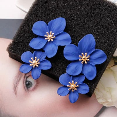 Koreaanse Grote Dubbele Bloemen Drop Oorbellen voor Vrouw Zomer Strandfeest Metalen Statement Oor Boho Mode Sieraden Meisjes Cadeau blue