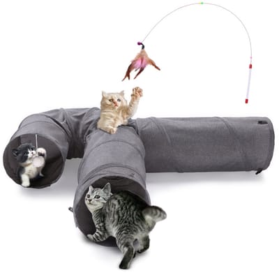 KZQ Kattentunnel, 3-Way Speeltunnel Kat met Bal en Speelhengel, Opvouwbare en Uitbreidbare Speeltunnel voor Kat, Puppy en Konijn, Grijs