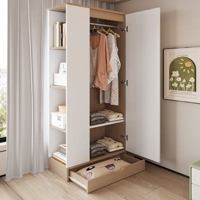 DESMIU Kledingkast - Slim Opbergsysteem Met Legplanken En Lade - Voor Slaapkamer Woonkamer En Kantoor - Hout En Metaal - 70x40x170 Cm - Naturel En Wit