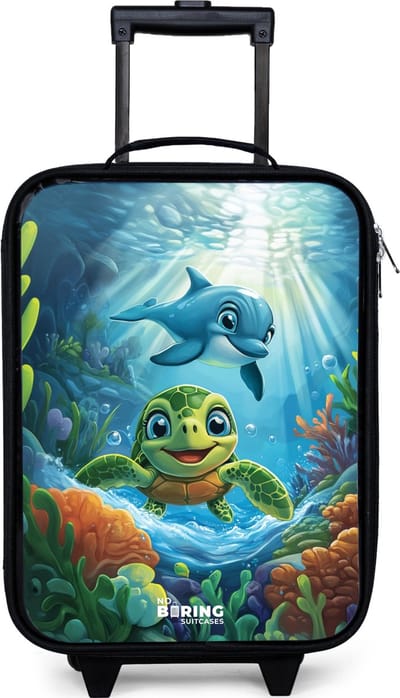 NoBoringSuitcases.com® - Kinderkoffer jongen - Kindertrolley meisje - Schildpad en dolfijn in blauwe oceaan - Koffer kind lichtgewicht - Reiskoffer trolley voor kinderen - Koffertje met lichtgevende wieltjes - Rolkoffer zwart