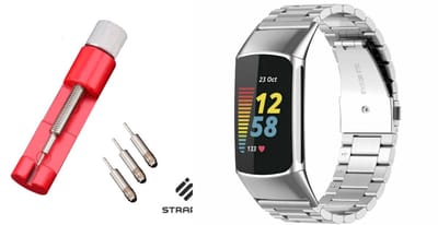 Stalen Smartwatch band + Toolkit - Geschikt voor Fitbit Charge 5 / Fitbit Charge 6 stalen band - zilver - Strap-it Horlogeband / Polsband / Armband - RVS amrband - Stalen schakelarmband