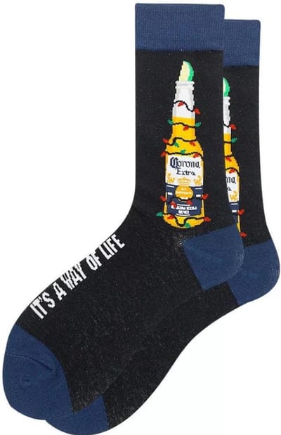 Winkrs© Sokken met Corona Bierflesje & Tekst - Heren maat 40-45 - Grappige Sokken met Drank - Funny socks Zwart/Blauw