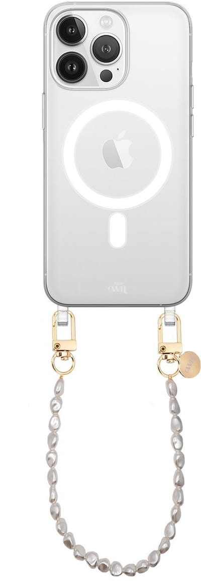 xoxo Wildhearts magnetisch hoesje geschikt voor iPhone 16 Pro Max MagSafe - Pearlfection - Transparant telefoonhoesje met koord - Telefoonkoord met parels - Parelketting - Kort koord