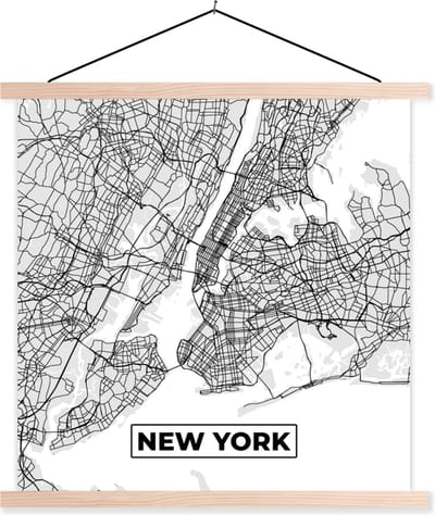 Posterhanger incl. Poster 40x40 cm - Schoolplaat - New York - Stadskaart - Zwart Wit - Plattegrond - Kaart - Textielposter - Blanke latten - Stadskaart