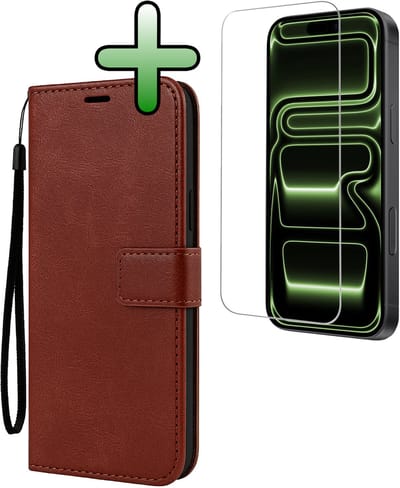 Hoesje Met Screenprotector - Geschikt voor Apple iPhone 17 Pro - Luxe Pasjeshouder - Bookcase Portemonee - Flip Case - Kunstleer Book Case - Flipcase - Book Cover - Walletcase - Portemonneehoes - Bruin