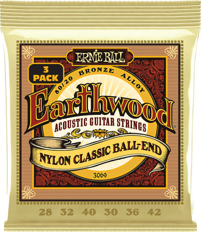 Ernie Ball Earthwood 80/20 Bronze - Gitaarsnaren - Folk Nylon met Balletje 3-Pack - 28-42 - Akoestische Gitaar