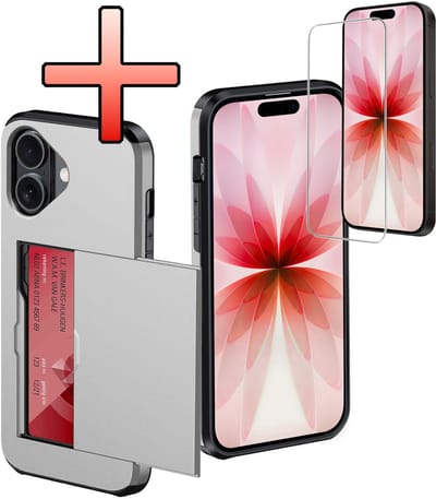 Hoes Geschikt voor iPhone 17 Hoesje Pasjeshouder Hard Cover Met Screenprotector Shock Proof Hard Case Hoes Met Kaarthouder - Grijs