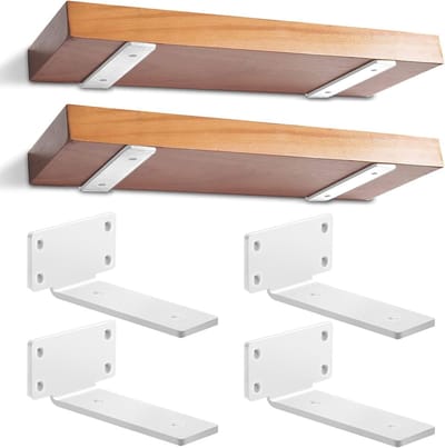 Famanu – 4 stuks robuuste wandgemonteerde plankdragers, L-vormige metalen plankdragers voor zwevende planken, wit, 15 cm