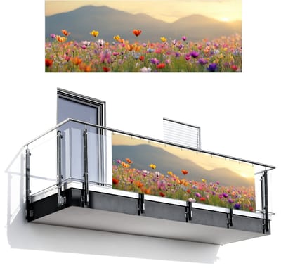 Balkonscherm 300x110 cm - Balkonposter Bloemenveld - Bergen - Zonlicht - Bloemen - Balkon scherm decoratie - Balkonschermen - Balkondoek zonnescherm