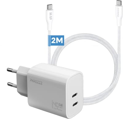 Phreeze usb C oplader 40 W met usb C naar usb C kabel 2 meter - Power Delivery oplader met 2 poorten - Snelladen voor telefoon en tablet