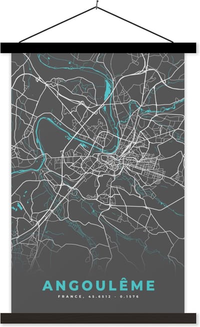 Posterhanger incl. Poster 40x60 cm - Schoolplaat - Stadskaart - Plattegrond - Angoulême - Frankrijk - Kaart - Textielposter - Zwarte latten - Stadskaart