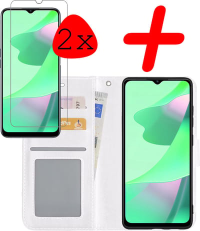 Hoesje Met 2x Screenprotector - Geschikt voor OPPO A16s - Luxe Pasjeshouder - Bookcase Portemonee - Flip Case - Kunstleer Book Case - Flipcase Hoes - Book Cover - Walletcase - Portemonneehoes - Wit