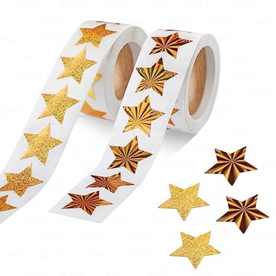 SnelShoppen - Pack van 1000 Gouden Ster Stickers 2 Motieven | 2 Rollen Zelfklevende Stickers, Goud, Sterren Stickers, Metalen Beloningsstickers, 2,5 c