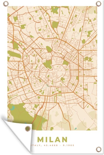Muurdecoratie Milaan - Stadskaart - Vintage - Plattegrond - Kaart - 120x180 cm - Tuinposter - Tuindoek
