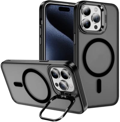 Hoesje Geschikt voor Apple iPhone 15 Pro Max - Compatibel met MagSafe & Qi2 - Back Cover met Standaard - Camera Kickstand - Zwart