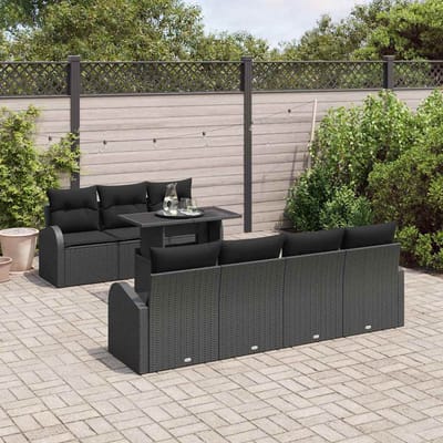 vidaXL Tuinbank Set met kussen met opslag 8 pcs Zwart Poly Riet