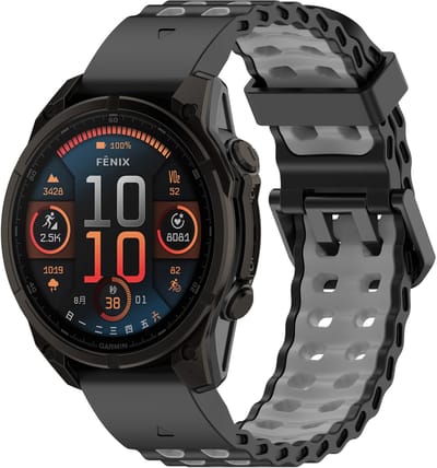 Strap-it siliconen 'Wave' sport bandje geschikt voor Garmin Fenix 9 (Pro) 47mm - Fenix 8 (Pro-E-47mm) - Fenix 7 (Solar-Pro) - 6 (Solar-Pro) - Fenix 5 (Plus) / Forerunner 970 - 965 - 955 - 945 - 935 - 745 / Quatix 8 - 7 - 6 - 5 - Zwart/Grijs
