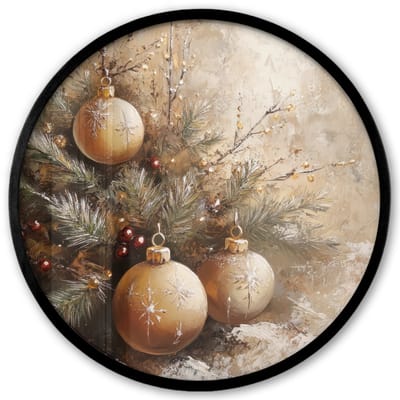 Poster in lijst Rond - Fotolijst 40x40 cm - Posters - Kerst - Kerstballen - Beige - Goud - Ronde posterlijst zwart - Decoratie - Wanddecoratie woonkamer - Kerstdecoratie voor binnen - Kerstversiering - Kerstmis versiering in huis - Kerstaccessoires