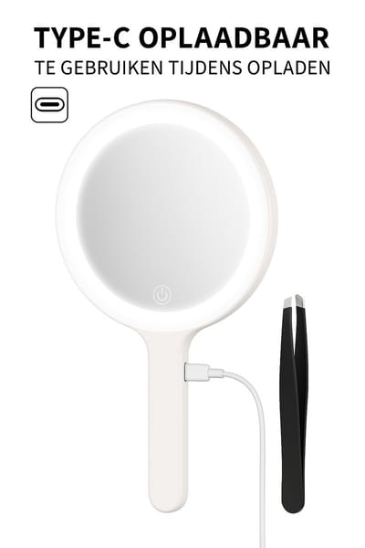 Ronde Handspiegel met LED Verlichting – Draagbare Make-up Spiegel met Handvat – Oplaadbaar via Type-C – Inclusief PinceT