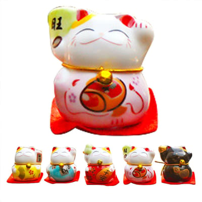 5 Stuks Gelukskat Beeldjes Klein Schattig Heldere Kleuren Gladde Lijnen Maneki Neko Beeldjes voor Auto Tafel Plank beige