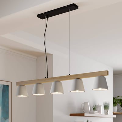 Lucande - hanglamp - 5lichts - Beton, hout, metaal - E14 - grijs, licht eiken