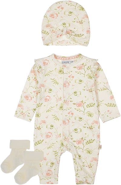 Dirkje - Noppies - Kledingset - Boxpak Offwhite met bloemen en bijpassend mutsje - 1 paar sokjes oatmeal met werkje - Maat 62