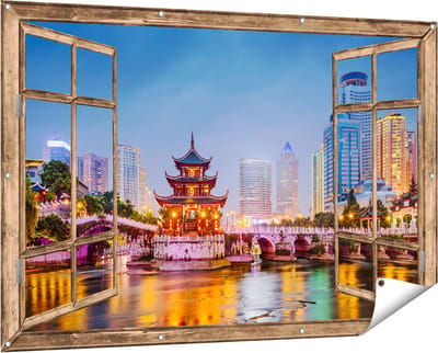 Gards Tuinposter Doorkijk Rivier bij Stad Guiyang in China - 150x100 cm - Tuindoek - Tuindecoratie - Wanddecoratie buiten - Tuinschilderij