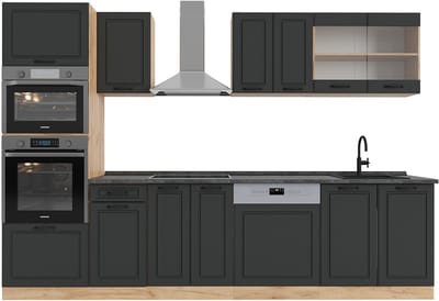 Vicco R-Line Complete keukeneenheid – 300 cm met hoge kast, WB Antraciet Antraciet landhuis/gouden eik