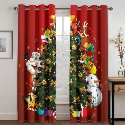 3D Kerstgordijnen Kerst Kerstboom Sneeuwpop Rode Gordijnen Balkon Woonkamer Raam Decoratieve Gordijnen 2 Panelen 50W130H(CM)X2PCS&Hook