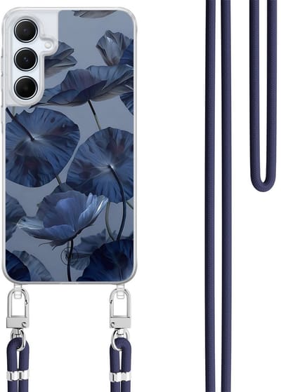 Hoesje met koord geschikt voor Samsung Galaxy A15 - Dusky blooms - Inclusief Donkerblauw koord - Crossbody beschermhoes - Transparant, Paars - Mooie Telefoonhoesjes