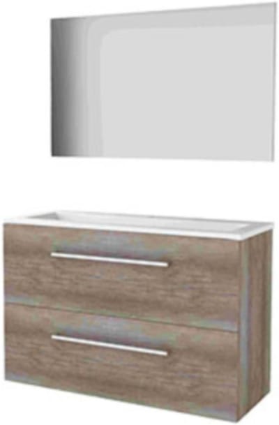 Basic-Line Basic 39 Badkamermeubelset - Ondiep - 100 x 39 cm - Met Grepen - 2 Lades - Acryl Wastafel - 1 Kraangat - Spiegel - Scotch Oak