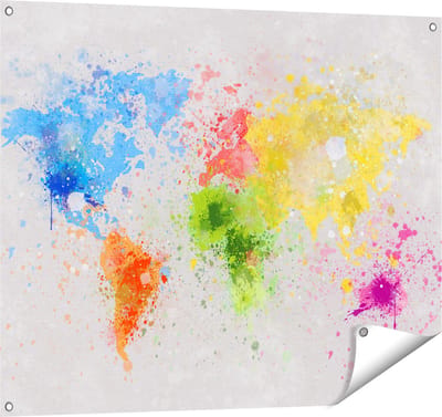 Gards Tuinposter Wereldkaart met Verfvlekken - Abstract - 100x80 cm - Tuindoek - Tuindecoratie - Wanddecoratie buiten - Tuinschilderij