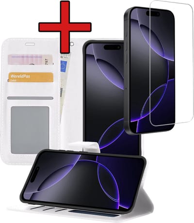 Hoesje - Met Screenprotector - Geschikt voor Apple iPhone 16 Pro - Luxe Pasjeshouder - Flipcase - Bookcase Portemonee - Flip Case - Kunstleer Book Case - Book Cover - Walletcase - Portemonneehoes - Telefoonhoes - Wit