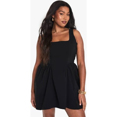 boohoo Dames Plus Geruichte Skaterjurk met Vierkante Halslijn | Zwart | Maat: 44
