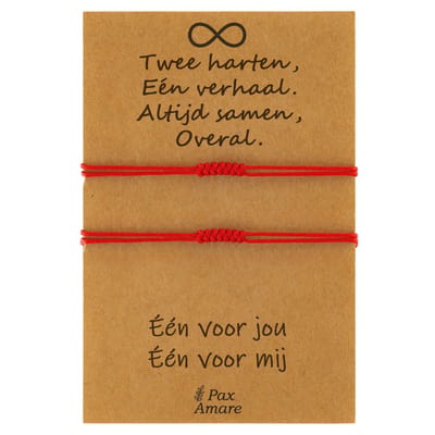 Vriendschapsarmbandjes voor 2 " Twee Harten, Een Verhaal ∞" - Rode Draad - BFF Armbandjes met Persoonlijk Cadeau Kaartje - Rood - Elastisch Verstelbaar - Pax Amare