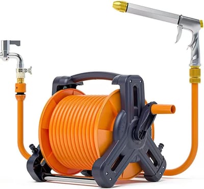 Slanghaspel Trolley - Waterhaspel Draagbaar - Tuin Water Geven - Inclusief Metalen Spuitpistool - 30 Meter - Grijs Oranje