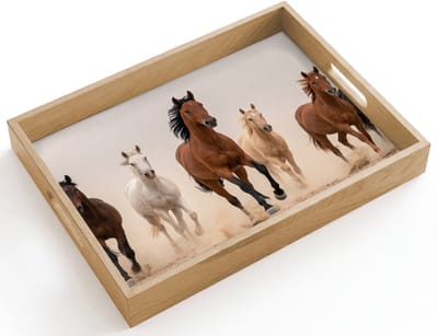 Dienblad hout 40x30 cm - Schootdienblad - Kudde paarden - Stofwolk - Bruin - Zwart - Borrelplank rechthoek - Plateau dienbladen