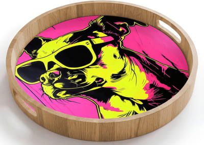Dienblad rond 40x40 cm - Schootdienblad hout - Hond - Zonnebril - Roze - Art - Borrelplank rechthoek - Plateau houten dienbladen