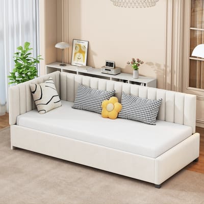 Sweiko Gestoffeerd bed, Slaapbank 90*200cm, Multifunctioneel bed met lattenbodem, Huidvriendelijke fluwelen stof, Beige