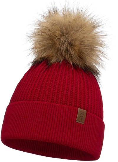Vivisence Dames Wintermuts - Zachte Acrylbrei Met Pompom Van Imitatiebont Vormvast En Rekbaar - Warme Bescherming In Koude Winterdagen Beperkt Statisch Haar Voor Comfort En Stijl - Rood