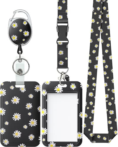 Uniclife Gebloemde schuif-ID-kaarthouder, witte bloemen, kunststof koffer met intrekbare badge, reel, karabijnhaak, clip en afneembaar koord, modieuze verticale kaartbeschermer voor vrouwen