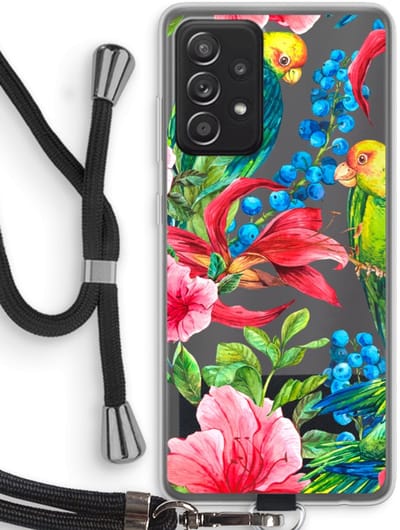 Case Company® - Hoesje met koord geschikt voor Samsung Galaxy A52 hoesje met Koord - Papegaaien - Telefoonhoesje met Zwart Koord - Bescherming aan alle Kanten en Over de Schermrand