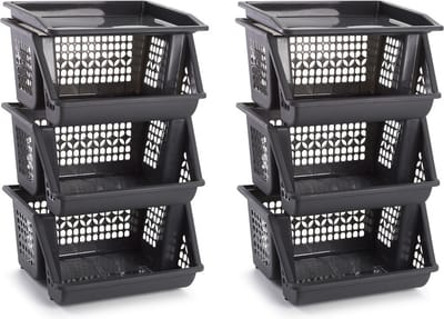Plasticforte Opbergkrat - 2x - grijs - 3 vakken - 62 cm - Stapelkratten - Stapelbare manden