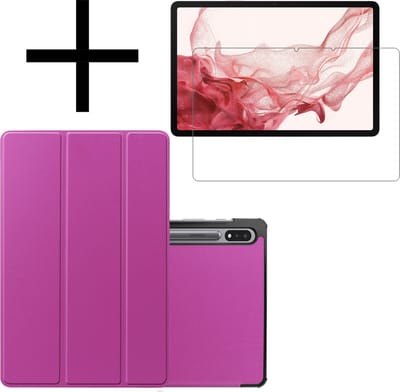 Hoes - Geschikt voor Samsung Galaxy Tab S8 - Met Screenprotector - Trifold Bookcase - Hard Cover - Hardcover Book Case - Tablet Hoesje - Paars