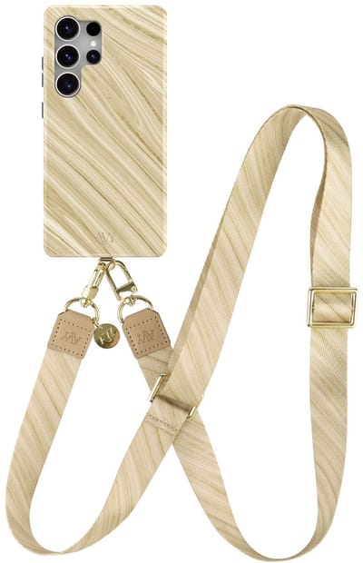 AVY Hoesje Met Telefoonkoord | Geschikt voor Samsung Galaxy S25 Ultra | Compatibel met MagSafe | Hard Shell Back Cover | Stijlvol Bijpassend Koord 130CM | Aurum Gold | Goud