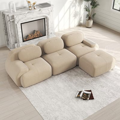 Pugsdrly Modulaire hoekbank zonder montage, ergonomisch en geschikt voor huisdieren, van corduroy met extra brede armleuningen, zeer elastische 32D-vulling voor woon- en slaapkamer, beige